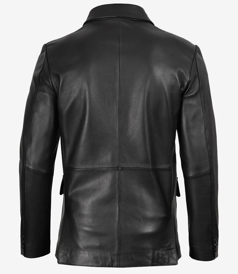 Mens Real Leather Three Button Black Blazer