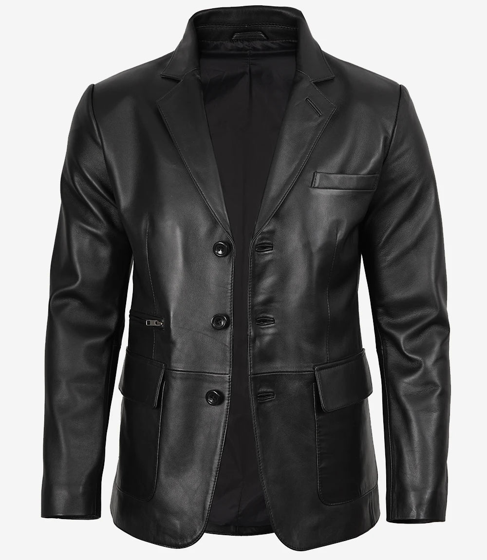 Mens Real Leather Three Button Black Blazer