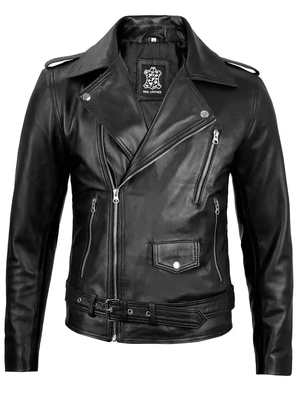 Men's Black Asymmetrical Belted Leather Biker Style Jacket
