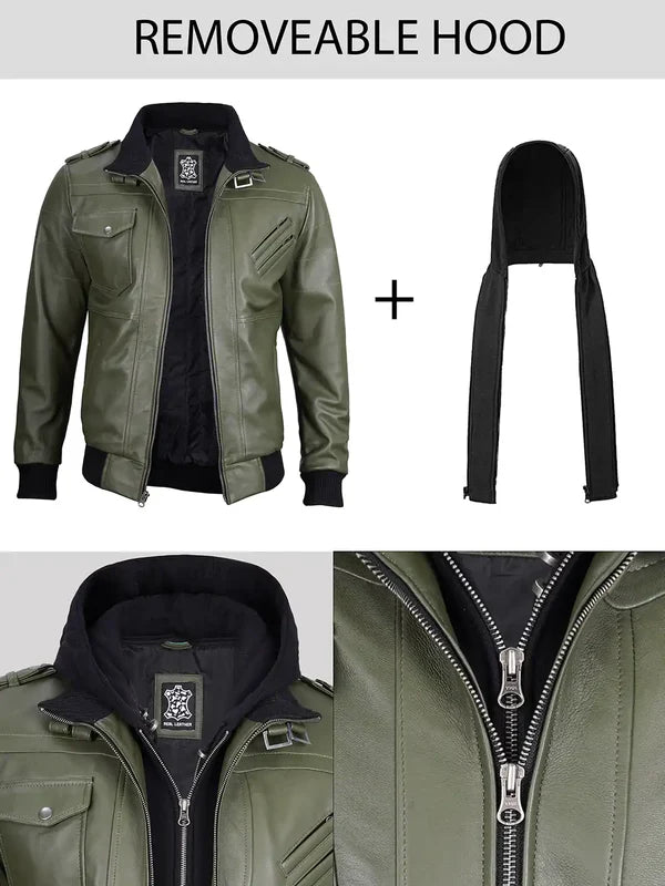 Men's Military Green Leather Jacket with Removable Hood
