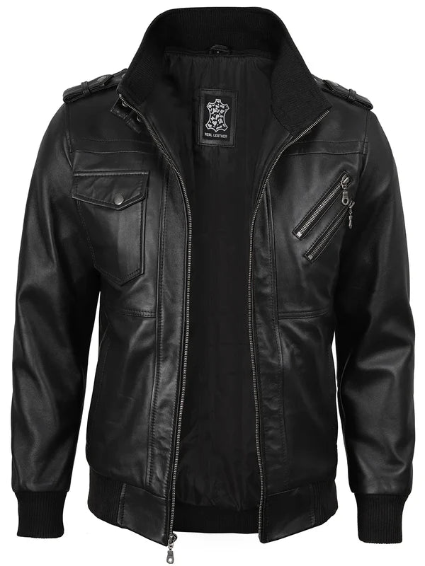 Men's Black Bomber Leather Jacket with Removable Hood