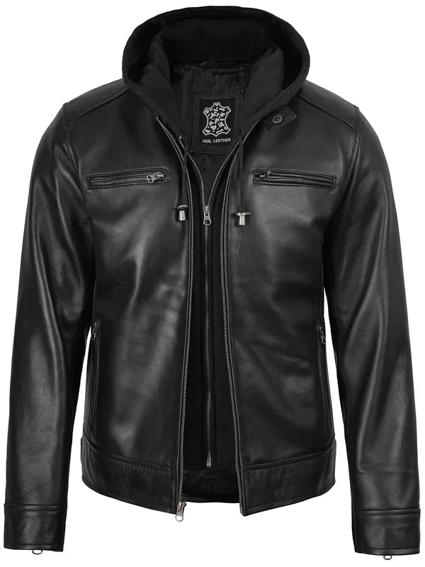 Men's Black Biker Style Leather Jacket with Removable Hood