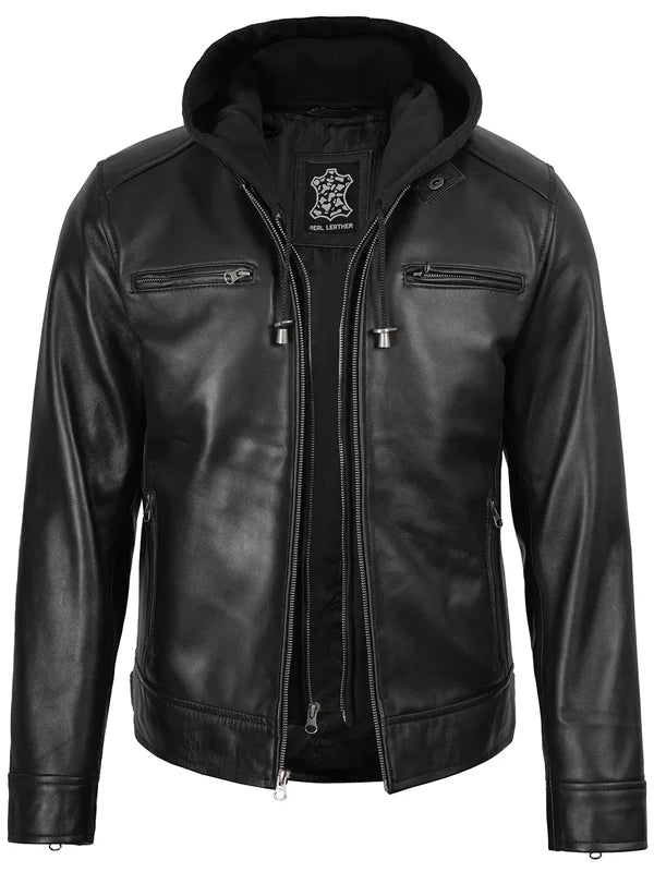 Men's Black Biker Style Leather Jacket with Removable Hood