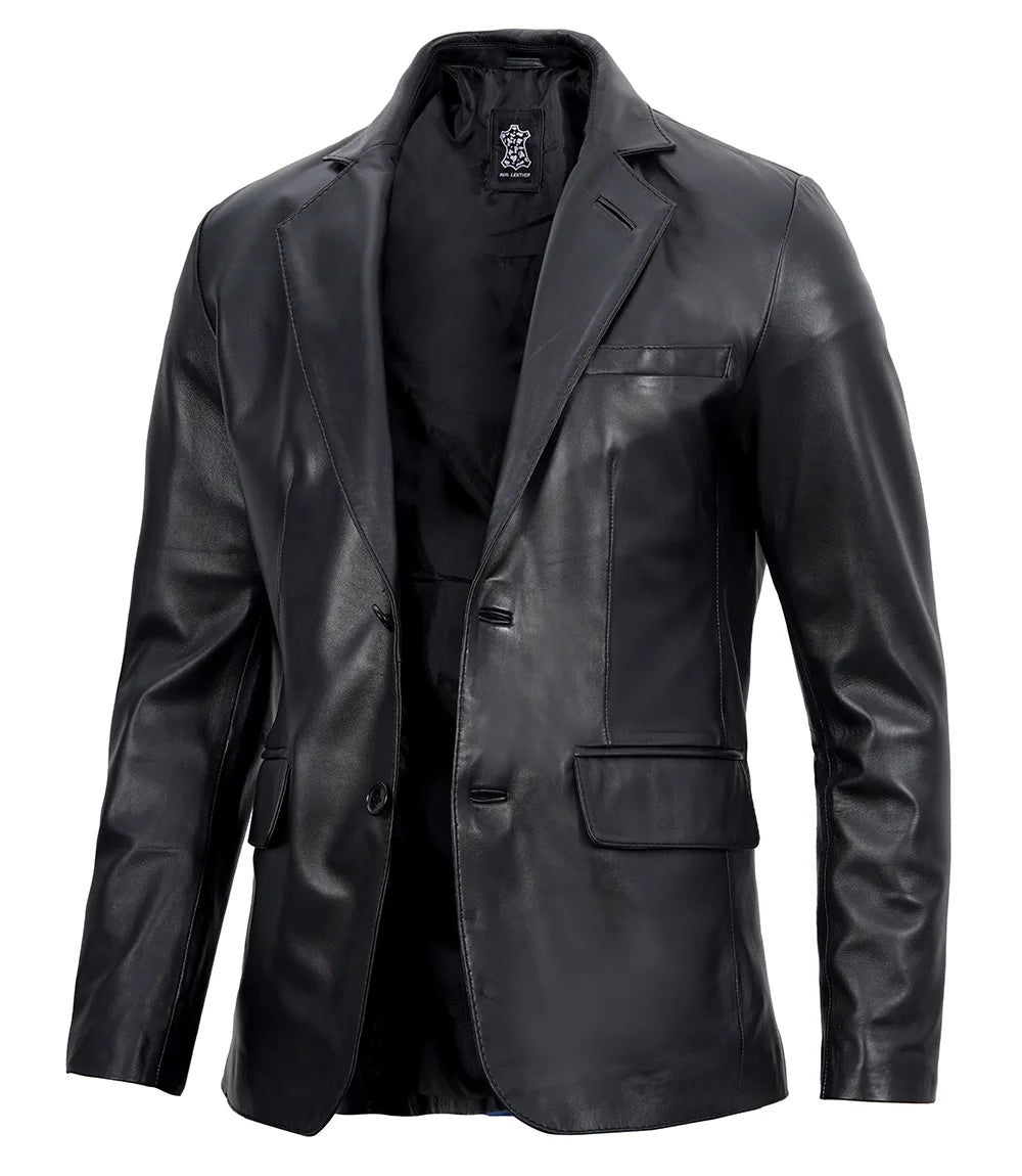 Mens Two Button Notch Lapel Black Leather Blazer