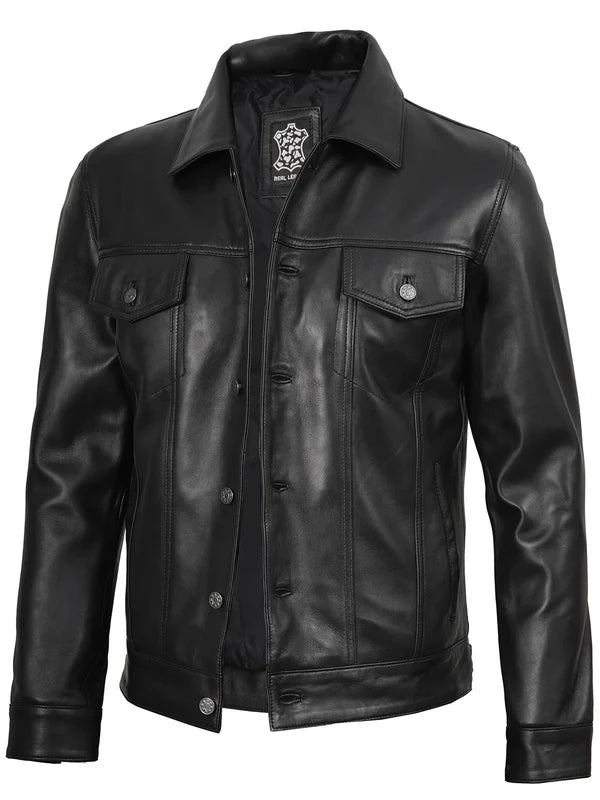 Fernando Mens Black Leather Trucker Jacket