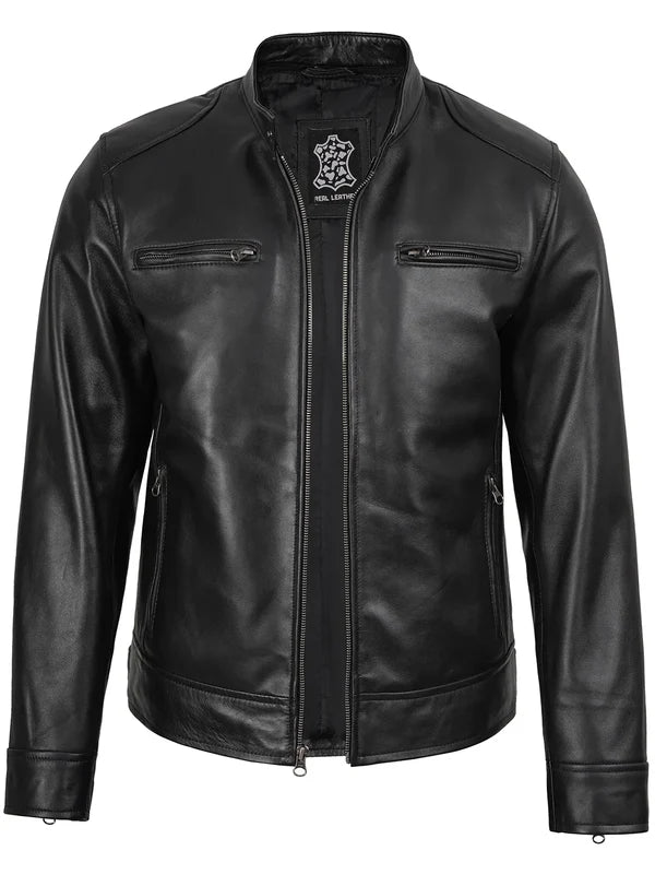 Men's Black Biker Style Leather Jacket with Removable Hood