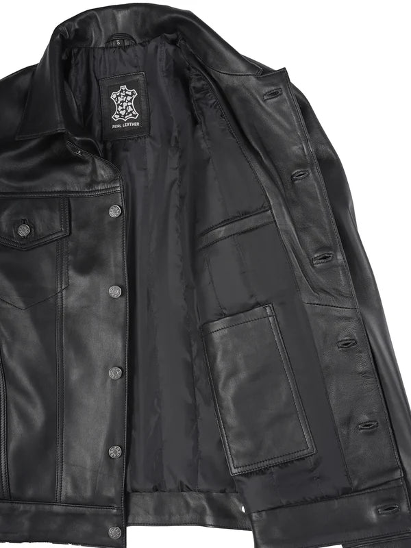 Fernando Mens Black Leather Trucker Jacket