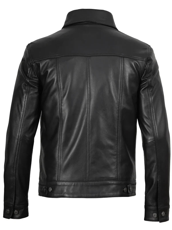 Fernando Mens Black Leather Trucker Jacket