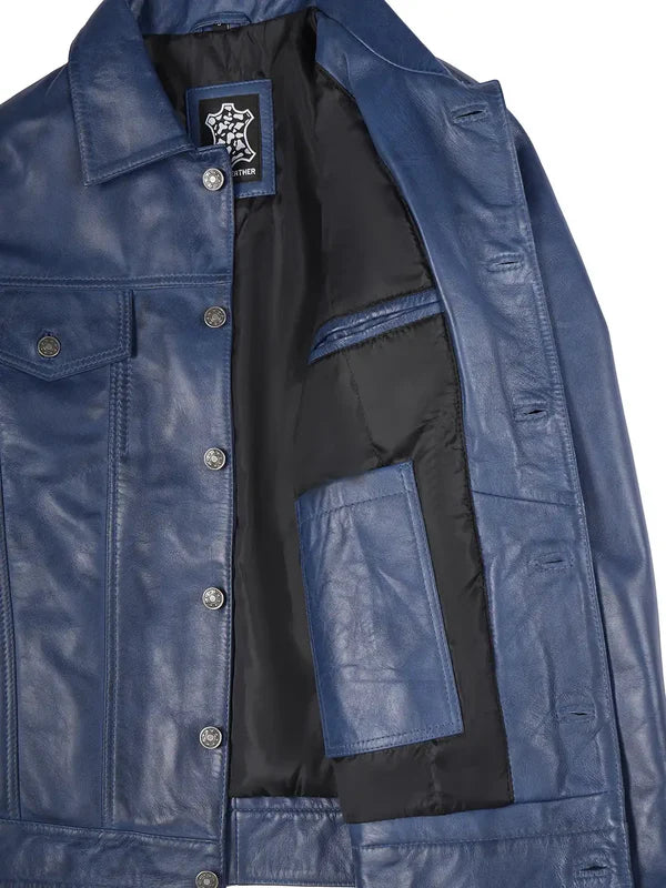Fernando Men's Blue Real Leather Trucker Jacket