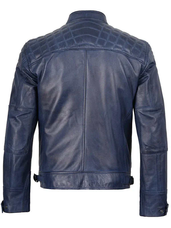 Men's Blue Wax Cafe Racer Leather Jacket