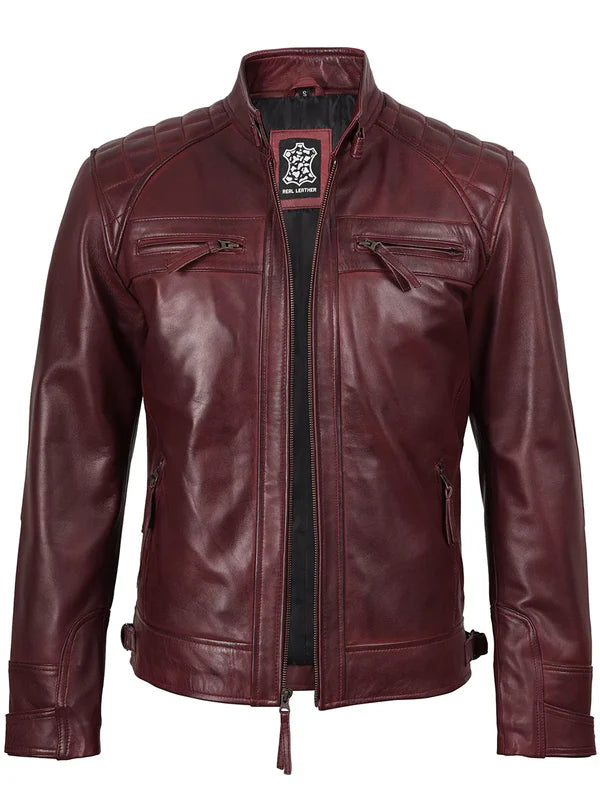 Johnson Burgundy Quilted Biker Style Leather Jacket