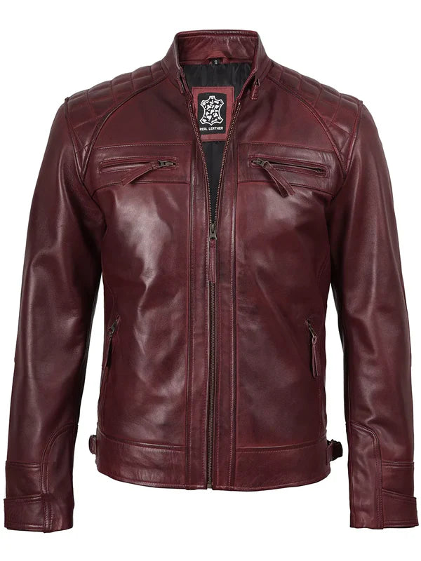 Johnson Burgundy Quilted Biker Style Leather Jacket