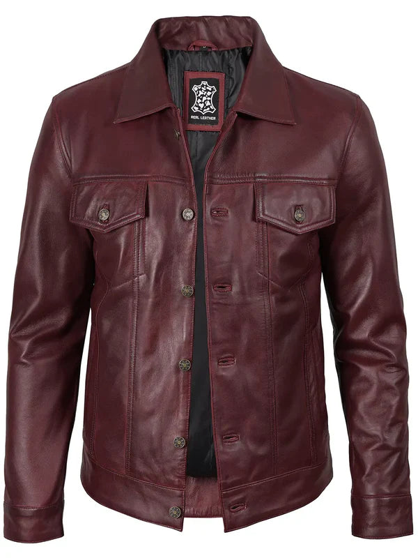 Men's Burgundy Real Leather Trucker Jacket