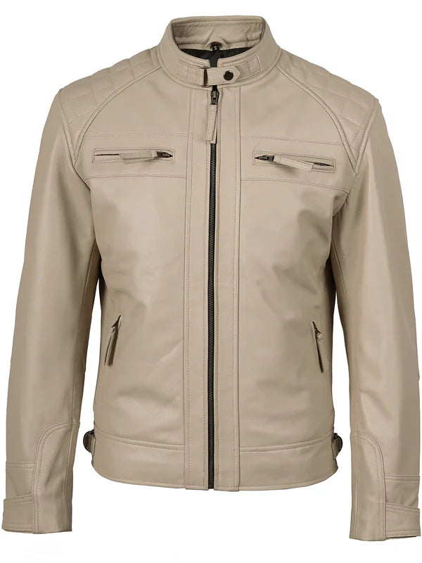 Men's Beige Cafe Racer Leather Jacket