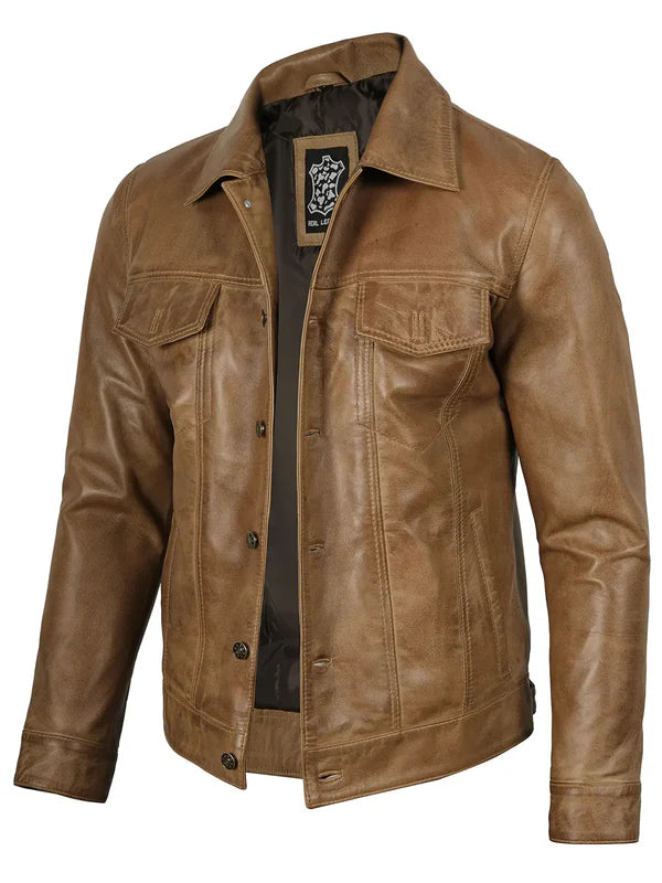 Men's Camel Brown Leather Trucker Jacket