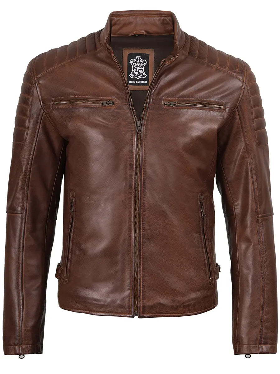 Mens Cognac Brown Cafe Racer Leather Jacket