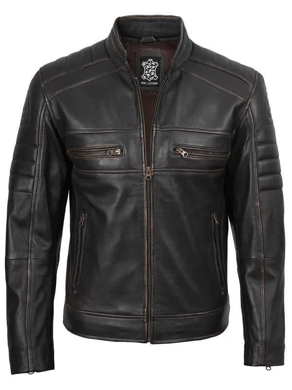 Men's Rub Off Dark Brown Cafe Racer Leather Jacket