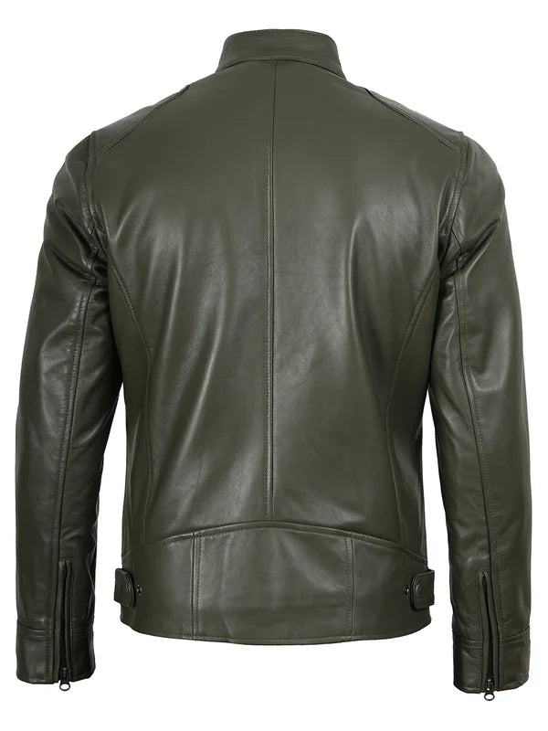 Dodge Mens Green Cafe Racer Real Leather Jacket