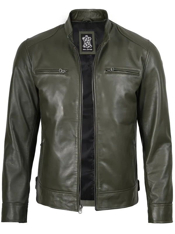 Dodge Mens Green Cafe Racer Real Leather Jacket