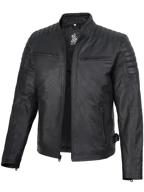 Mens Matte Black Biker Style Real Leather Jacket