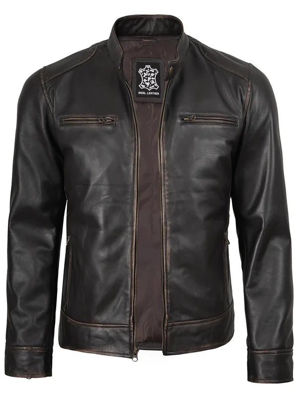 Dodge Men's Rub-Off Dark Brown Cafe Racer Leather Jacket