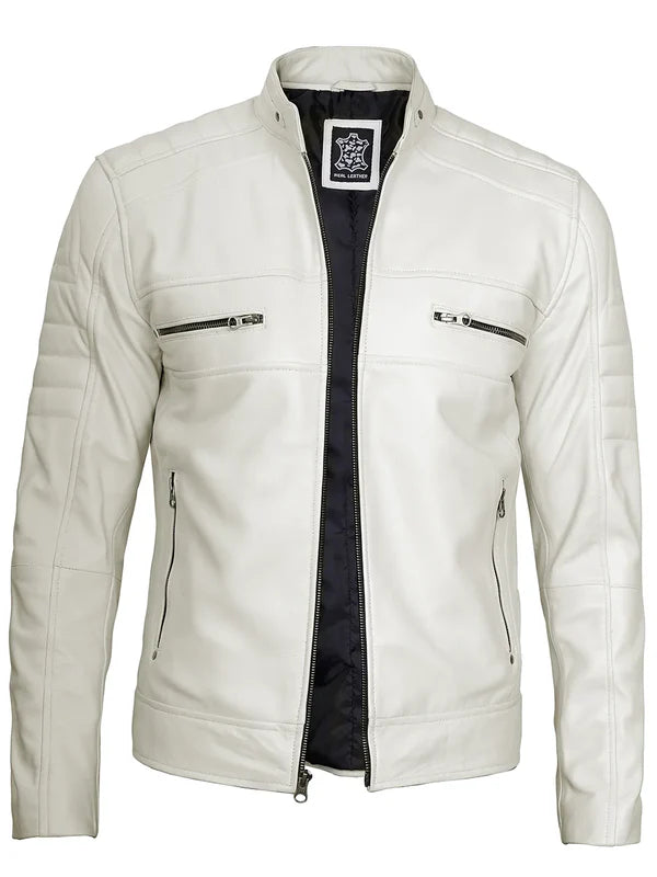 Mens Off White Cafe Racer Real Leather Jacket