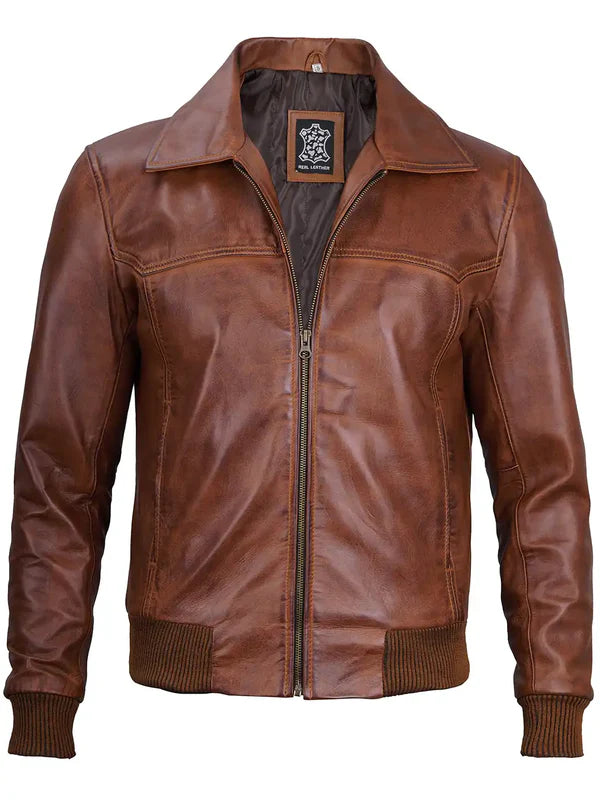 Steven Men's Distressed Brown Bomber Leather Jacket