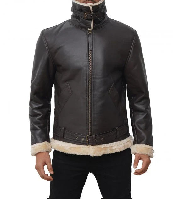 Men's Real Leather Dark Brown Bomber Fur Aviator Jacket