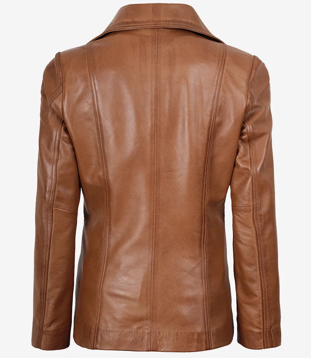 Womens Two Button Tan Leather Blazer - Notch Lapel