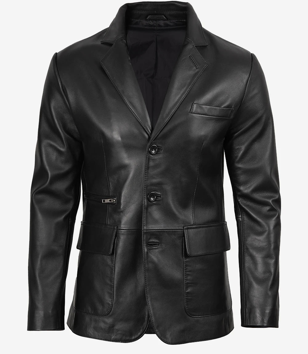 Mens Real Leather Three Button Black Blazer