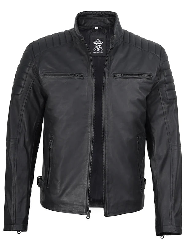 Mens Matte Black Biker Style Real Leather Jacket