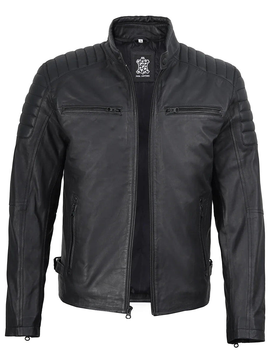 Mens Matte Black Biker Style Real Leather Jacket