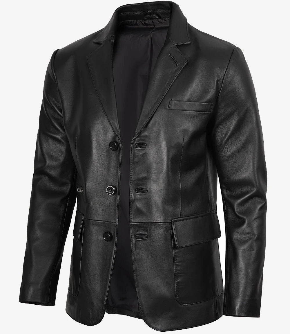Mens Real Leather Three Button Black Blazer