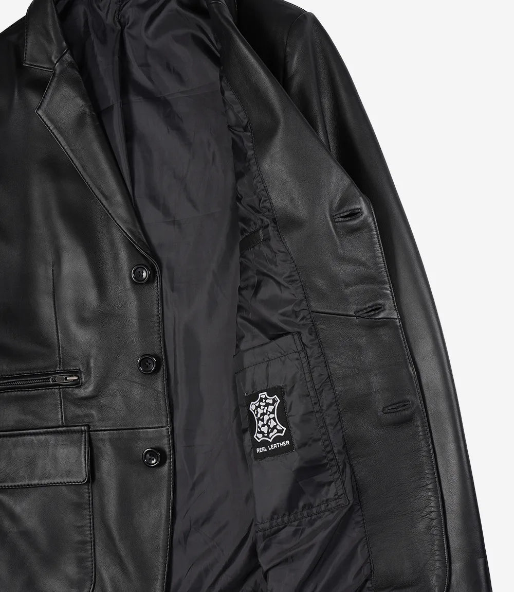 Mens Real Leather Three Button Black Blazer