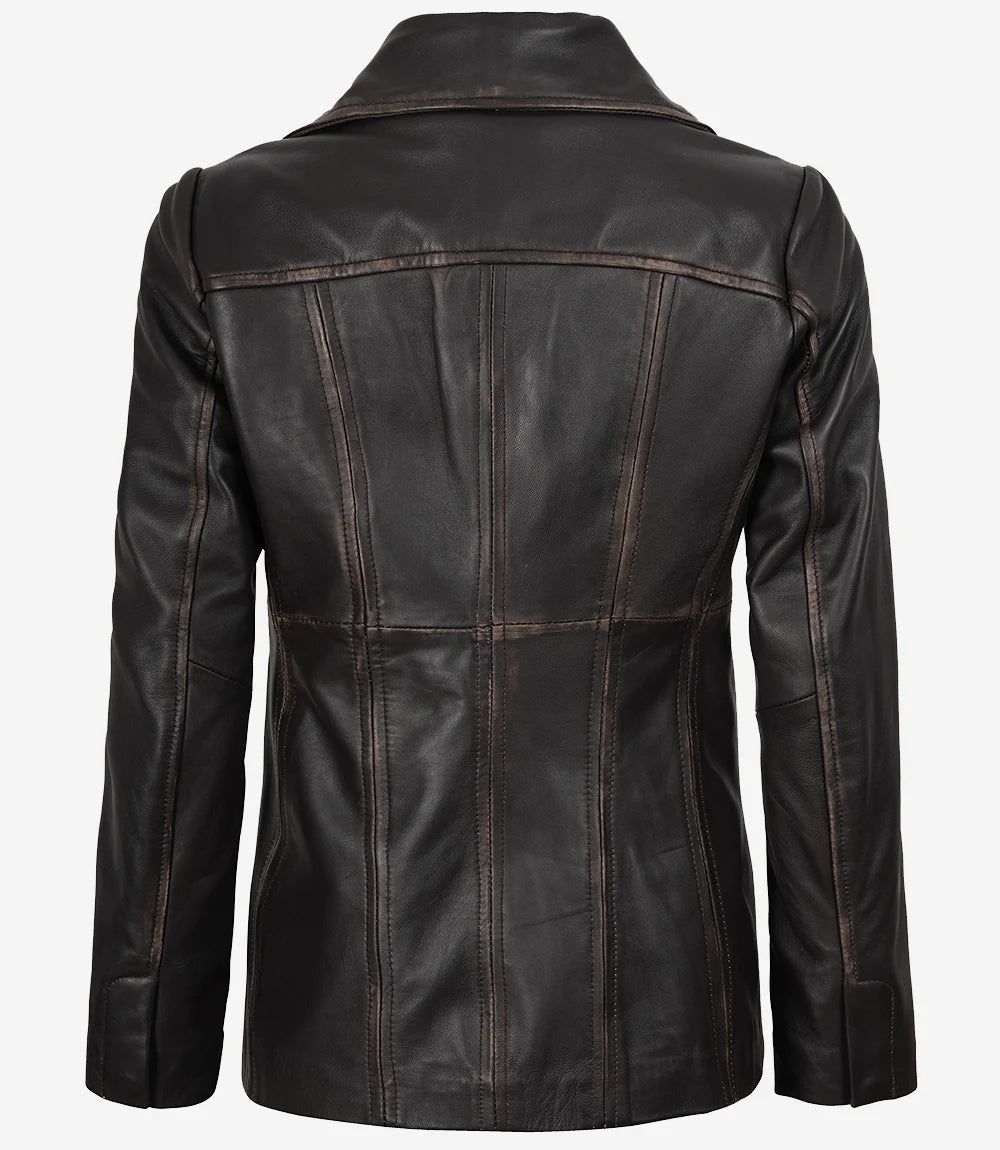 Women's Three Button Distressed Brown Leather Blazer