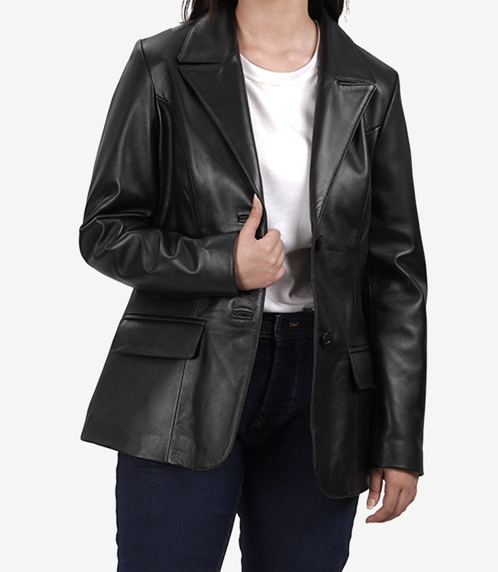 Women's Two Button Black Leather Blazer