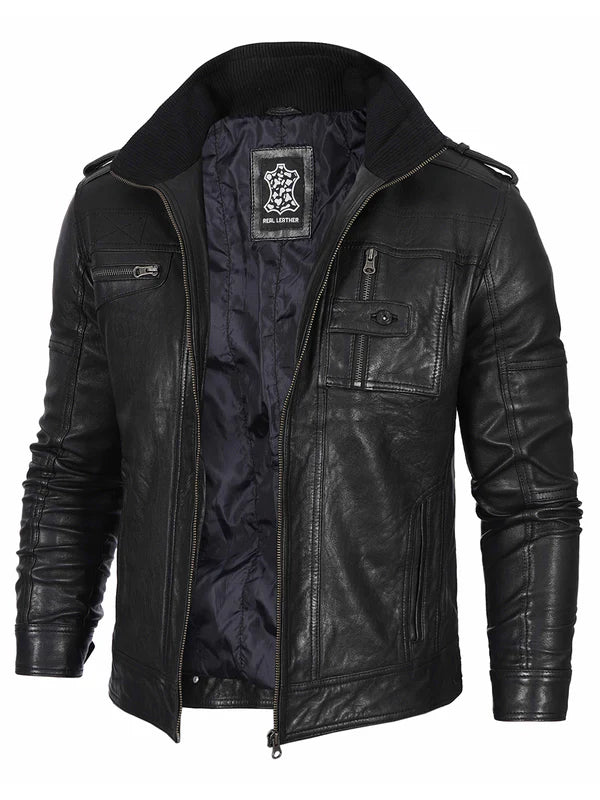Mens Black Waxed Cafe Racer Leather Jacket