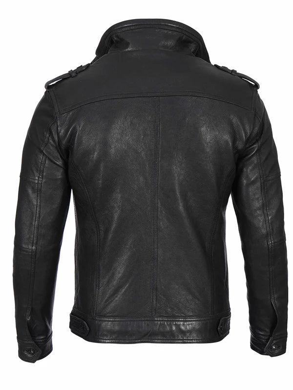 Mens Black Waxed Cafe Racer Leather Jacket