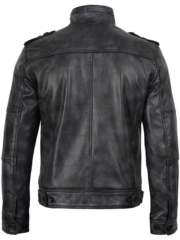 Tavares Mens Distressed Black Leather Biker Jacket