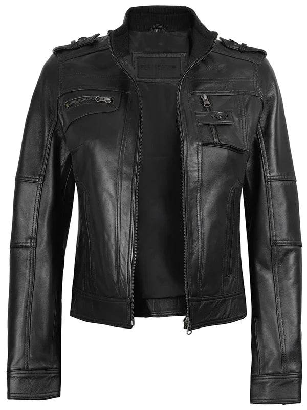Tavares Womens Black Cafe Racer Style Leather Jacket