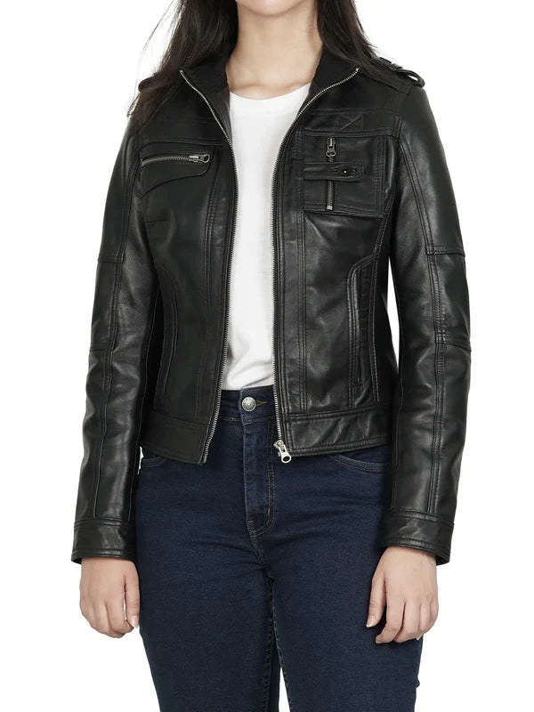 Tavares Womens Black Cafe Racer Style Leather Jacket