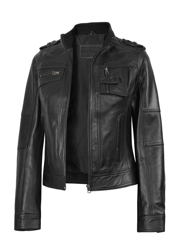 Tavares Womens Black Cafe Racer Style Leather Jacket