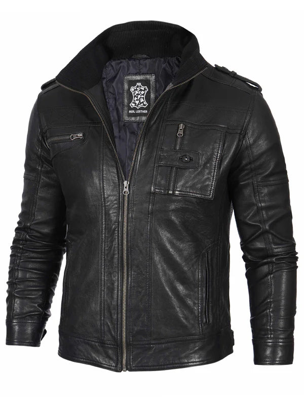 Mens Black Waxed Cafe Racer Leather Jacket