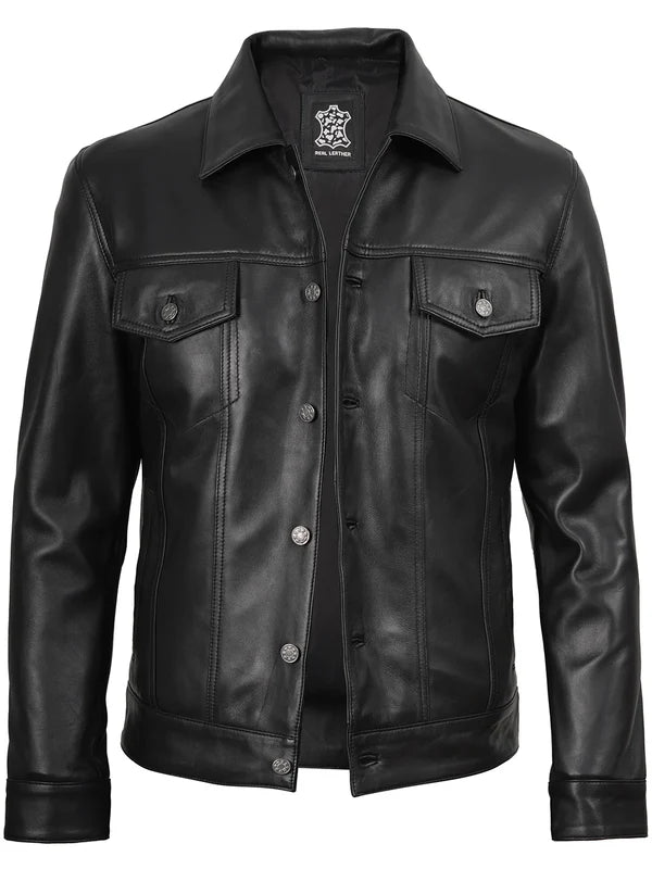 Fernando Mens Black Leather Trucker Jacket