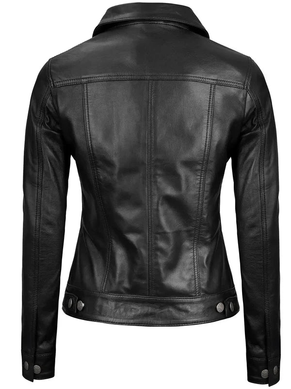 Fernando Women's Black Leather Trucker Jacket