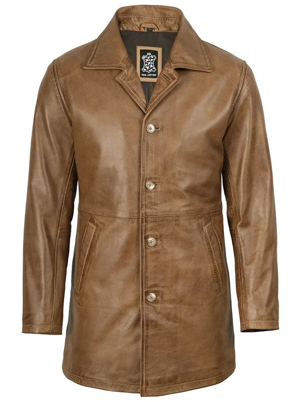 Winchester Men's Camel Brown 3/4 Length Leather Car Coat
