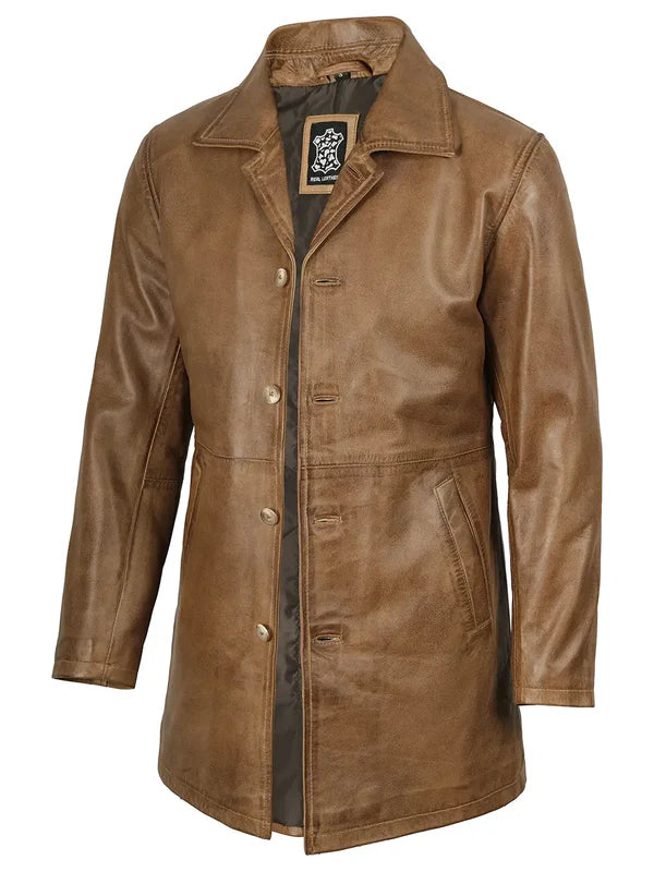 Winchester Men's Camel Brown 3/4 Length Leather Car Coat