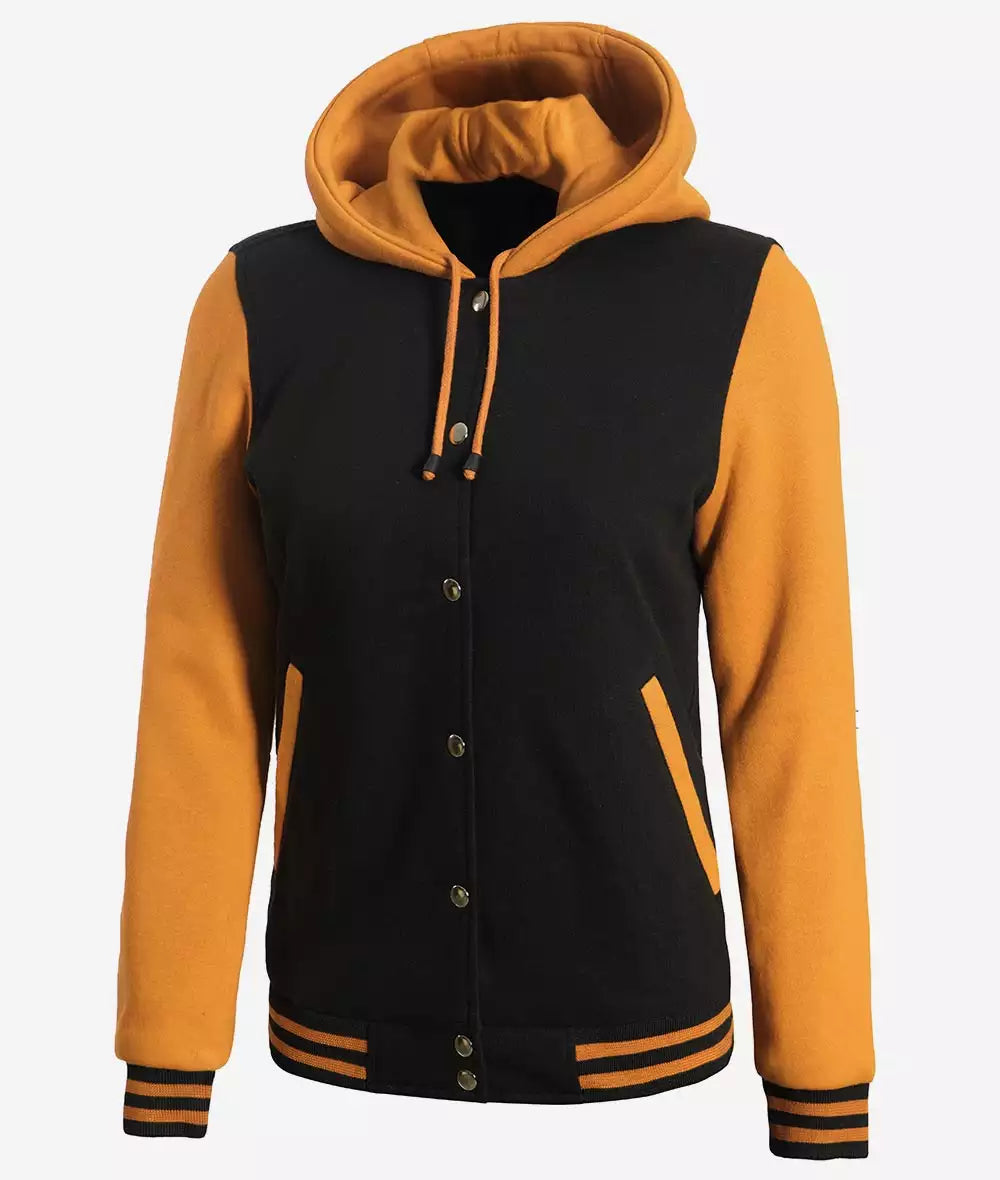 Women’s Black and Yellow Varsity Jacket – Hooded Letterman Bomber