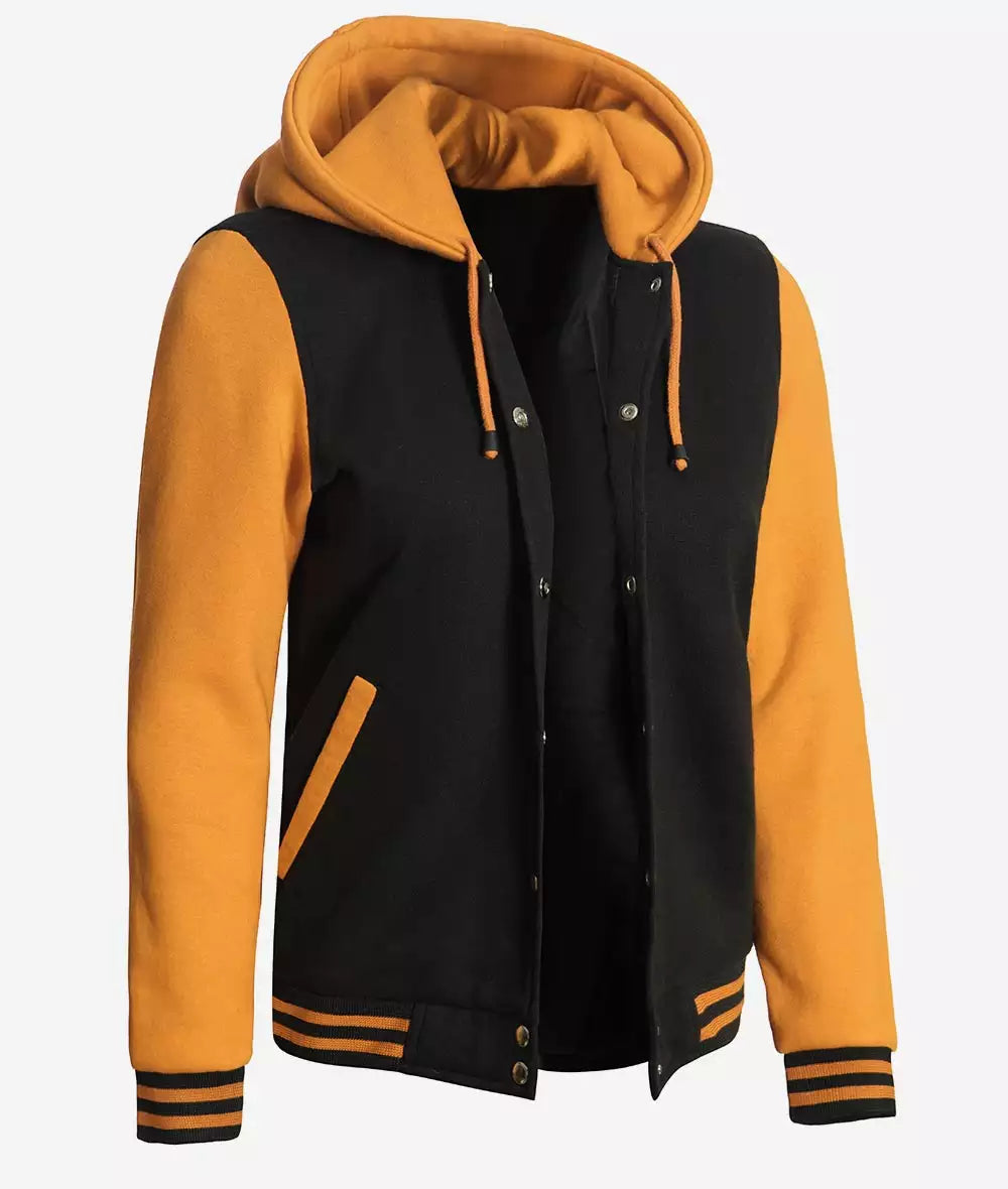 Women’s Black and Yellow Varsity Jacket – Hooded Letterman Bomber