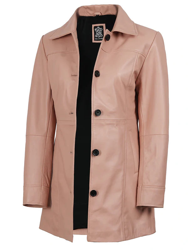 Kandis Women Pink Real Leather Car Coat